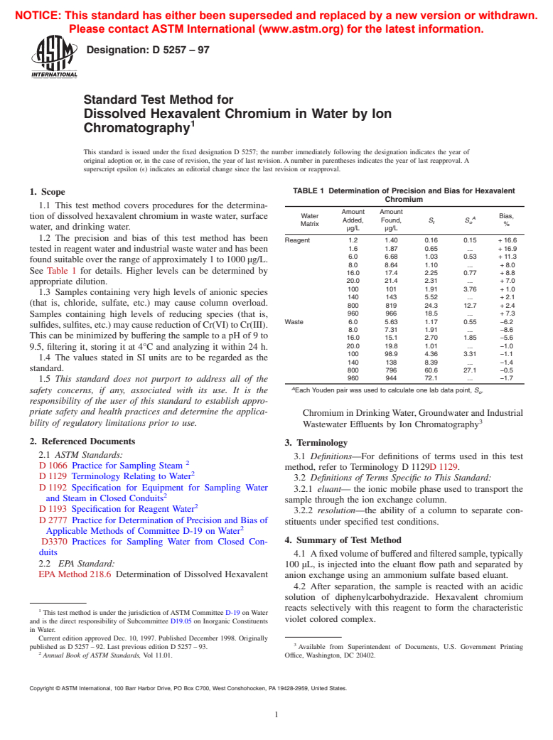 ASTM D5257-97 - Standard Test Method for Dissolved Hexavalent Chromium in Water by Ion Chromatography