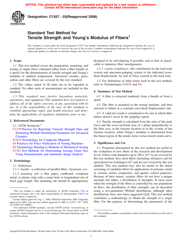 ASTM C1557-03(2008) - Standard Test Method for Tensile Strength and Young's Modulus of Fibers