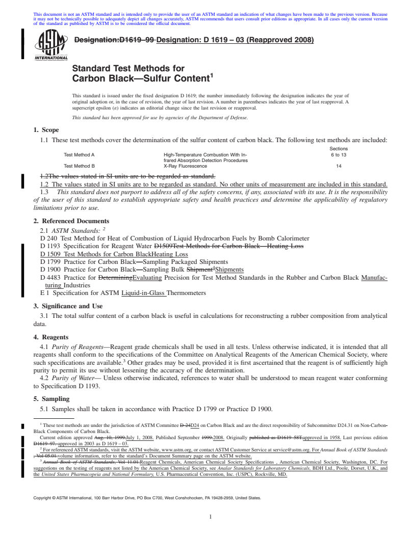 REDLINE ASTM D1619-03(2008) - Standard Test Methods for  Carbon Black<span class='unicode'>&#x2014;</span>Sulfur Content