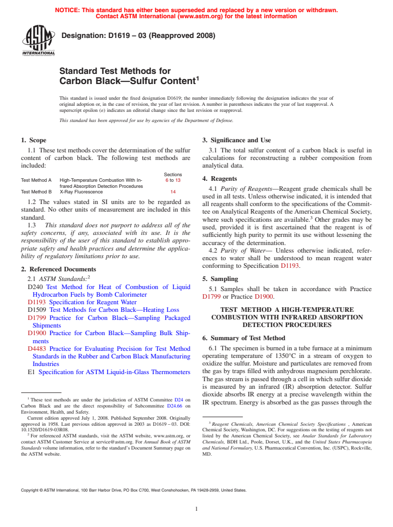 ASTM D1619-03(2008) - Standard Test Methods for  Carbon Black<span class='unicode'>&#x2014;</span>Sulfur Content