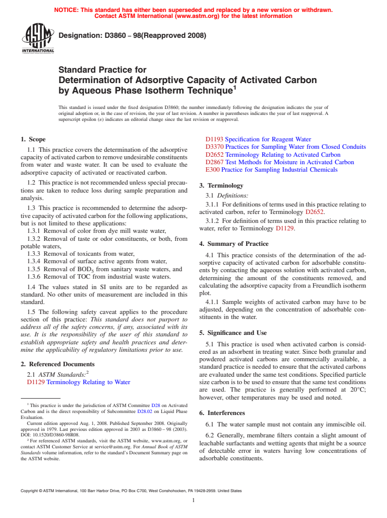 ASTM D3860-98(2008) - Standard Practice for Determination of Adsorptive Capacity of Activated Carbon by Aqueous Phase Isotherm Technique