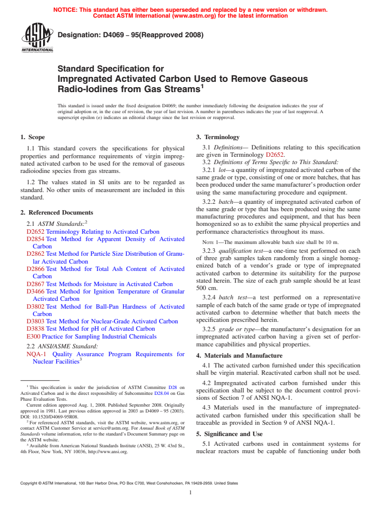 ASTM D4069-95(2008) - Standard Specification for  Impregnated Activated Carbon Used to Remove Gaseous Radio-Iodines from Gas Streams