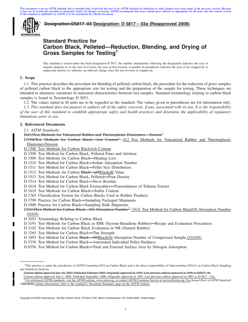 REDLINE ASTM D5817-03a(2008) - Standard Practice for  Carbon Black, Pelleted - Reduction, Blending, and Drying of Gross Samples for Testing