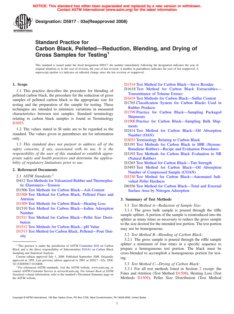 ASTM D5817-03a(2008) - Standard Practice for  Carbon Black, Pelleted - Reduction, Blending, and Drying of Gross Samples for Testing