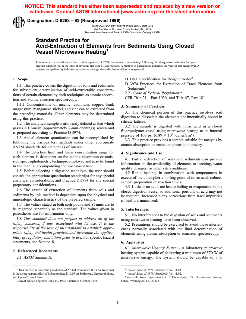 ASTM D5258-92(1996) - Standard Practice for Acid-Extraction of Elements from Sediments Using Closed Vessel Microwave Heating