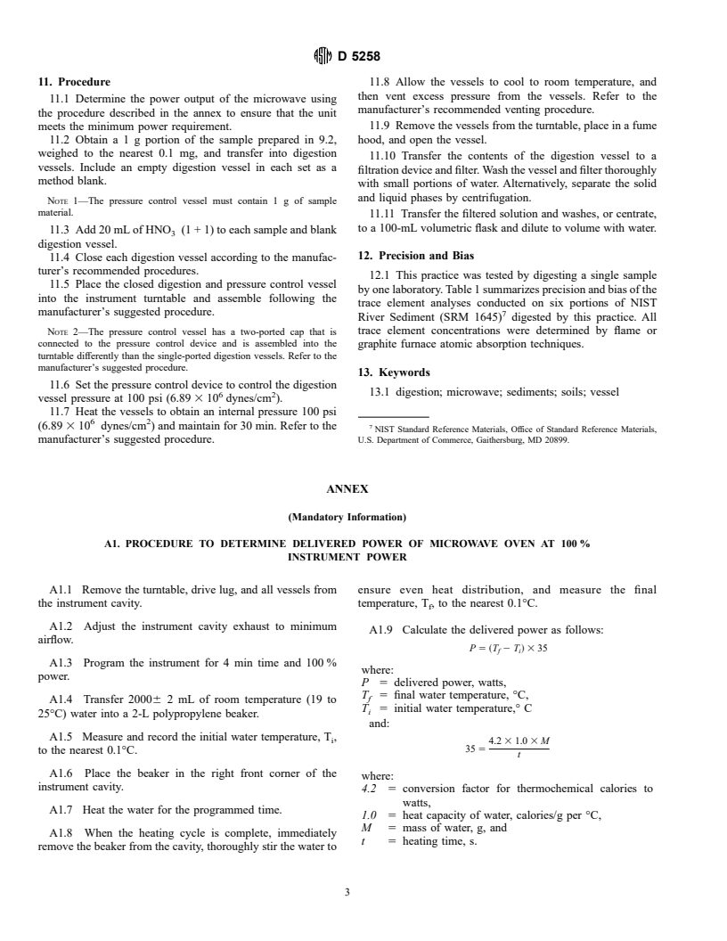 ASTM D5258-92(1996) - Standard Practice for Acid-Extraction of Elements from Sediments Using Closed Vessel Microwave Heating