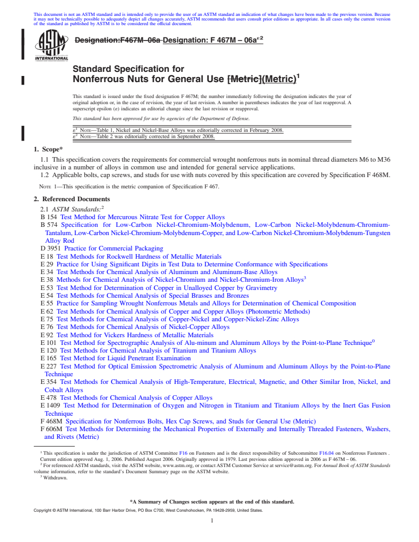 REDLINE ASTM F467M-06ae2 - Standard Specification for  Nonferrous Nuts for General Use (Metric)