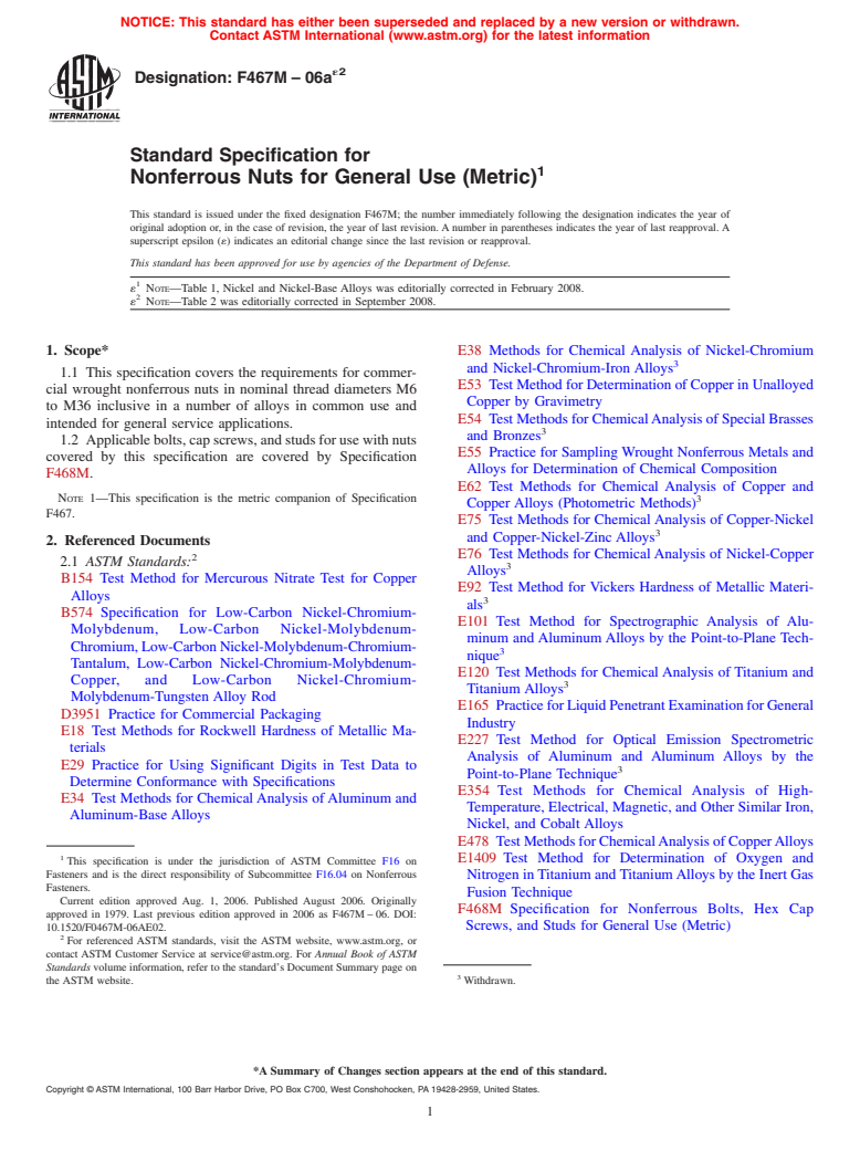 ASTM F467M-06ae2 - Standard Specification for  Nonferrous Nuts for General Use (Metric)