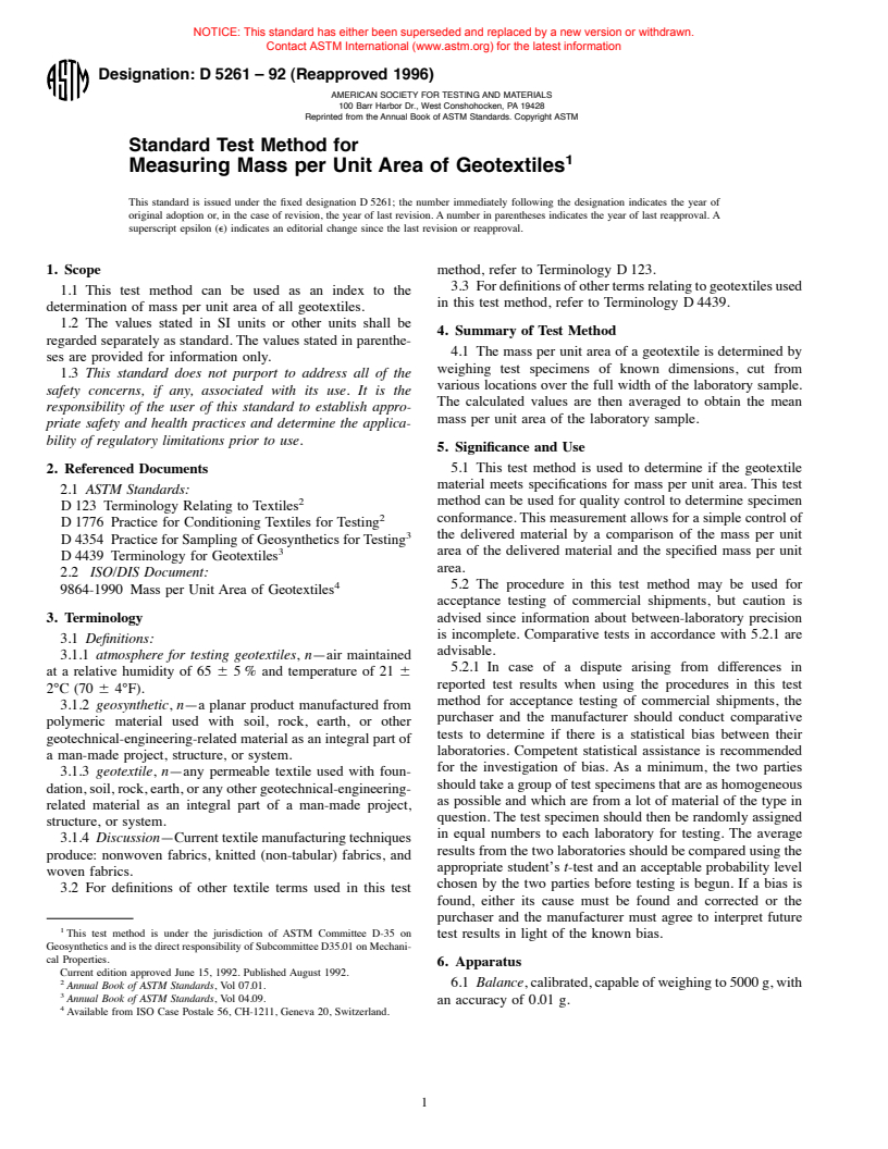 ASTM D5261-92(1996) - Standard Test Method for Measuring Mass per Unit Area of Geotextiles