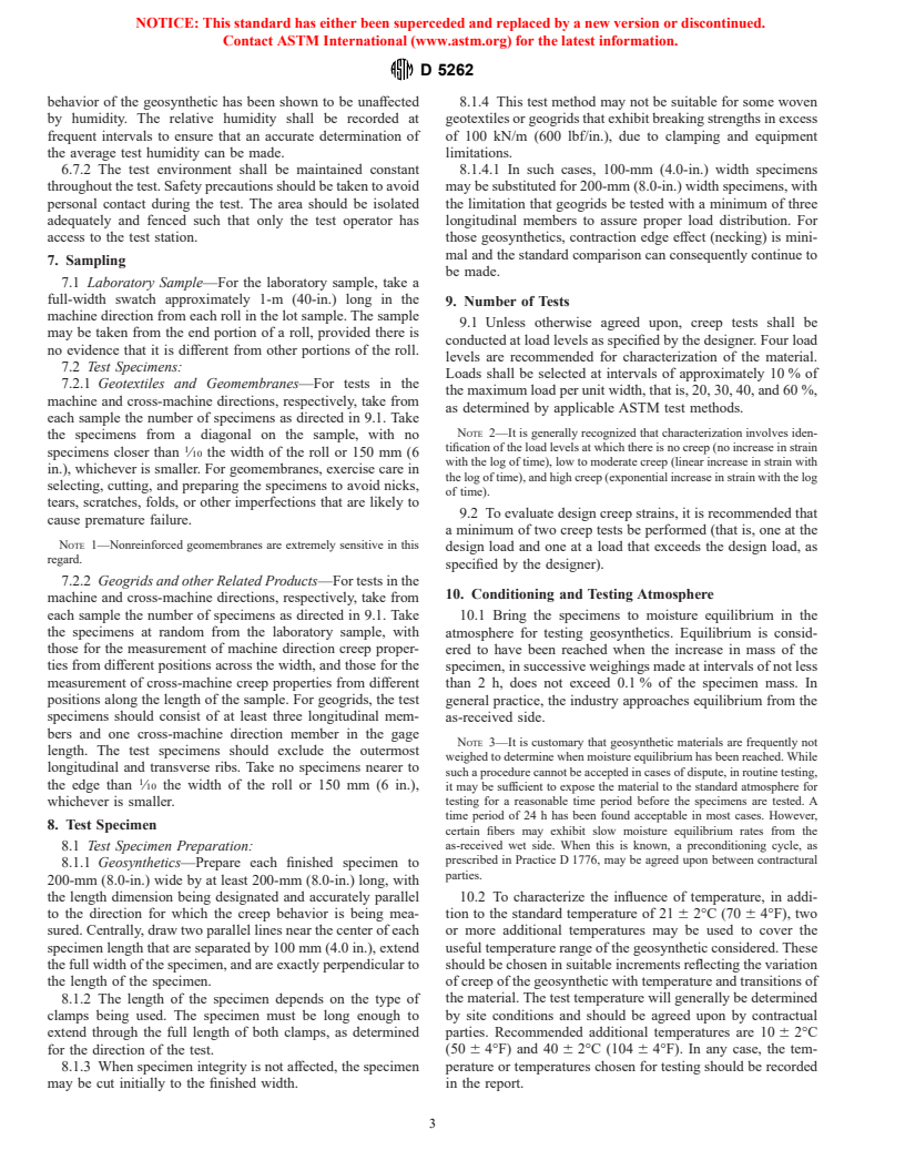 ASTM D5262-97 - Standard Test Method for Evaluating the Unconfined Tension Creep Behavior of Geosynthetics