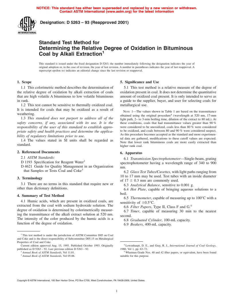 ASTM D5263-93(2001) - Standard Test Method for Determining the Relative Degree of Oxidation in Bituminous Coal by Alkali Extraction