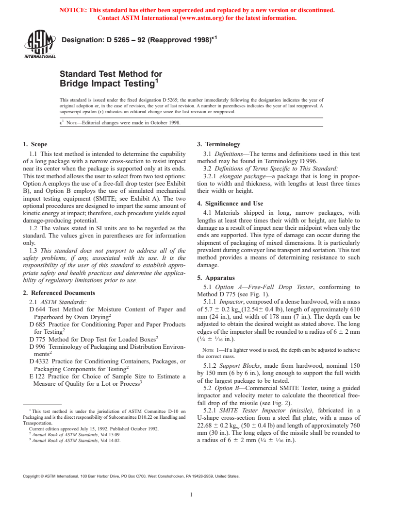 ASTM D5265-92(1998)e1 - Standard Test Method for Bridge Impact Testing