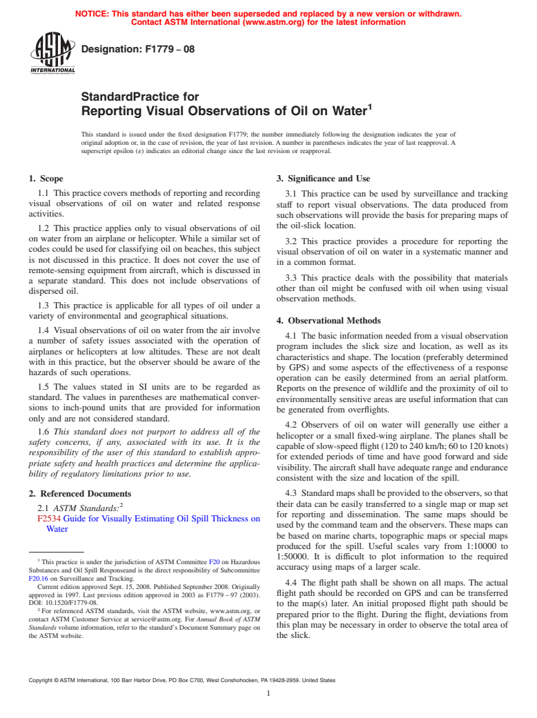 ASTM F1779-08 - Standard Practice for  Reporting Visual Observations of Oil on Water