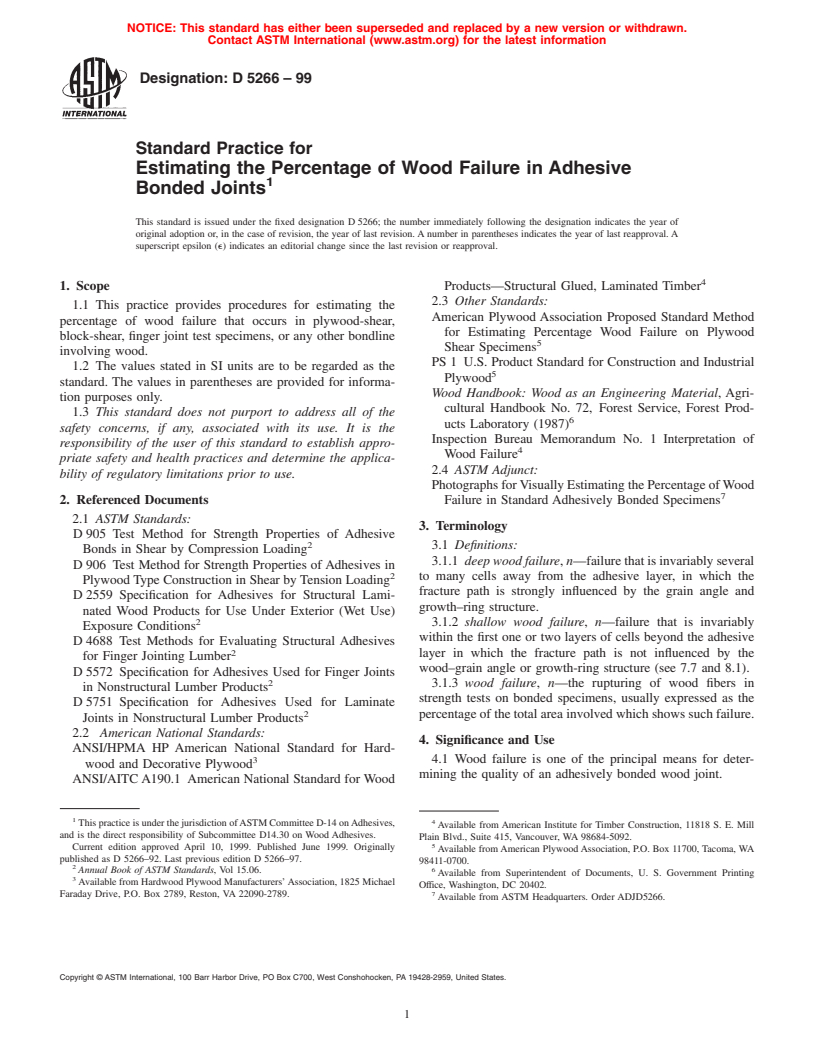 ASTM D5266-99 - Standard Practice for Estimating the Percentage of Wood Failure in Adhesive Bonded Joints