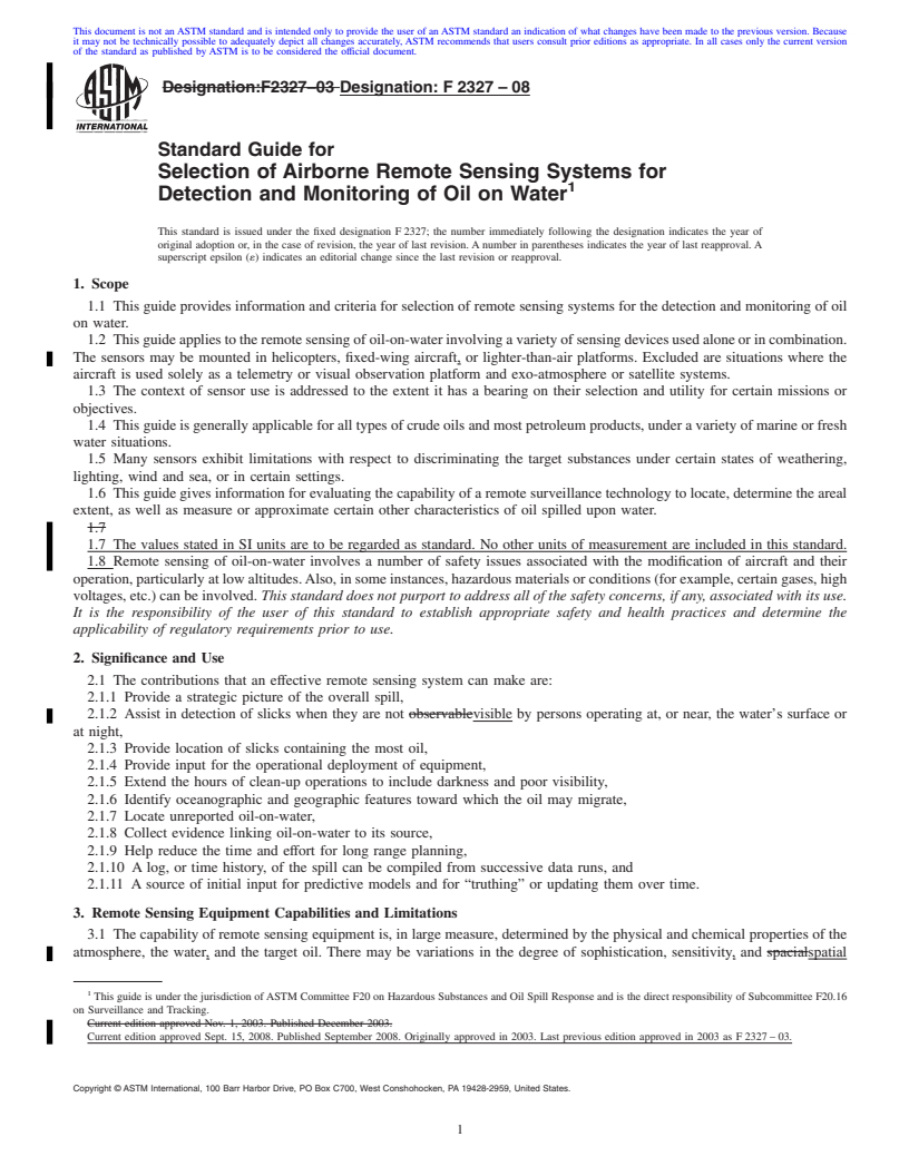 REDLINE ASTM F2327-08 - Standard Guide for Selection of Airborne Remote Sensing Systems for Detection and Monitoring of Oil on Water