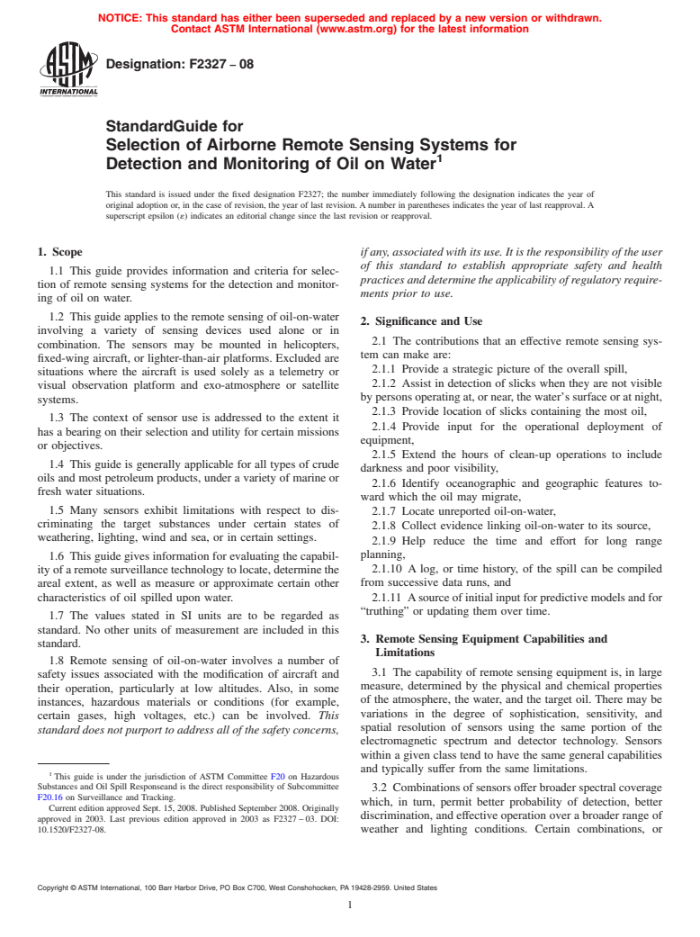 ASTM F2327-08 - Standard Guide for Selection of Airborne Remote Sensing Systems for Detection and Monitoring of Oil on Water