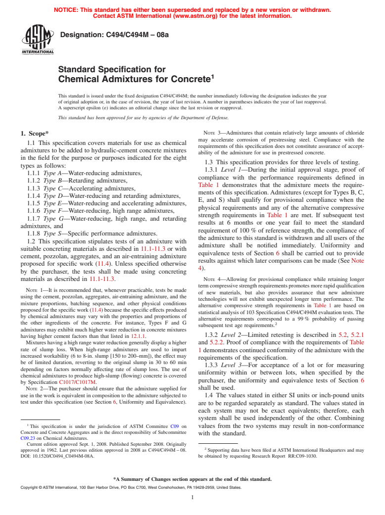 ASTM C494/C494M-08a - Standard Specification for  Chemical Admixtures for Concrete