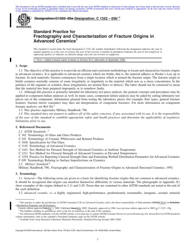 REDLINE ASTM C1322-05be1 - Standard Practice for Fractography and Characterization of Fracture Origins in Advanced Ceramics