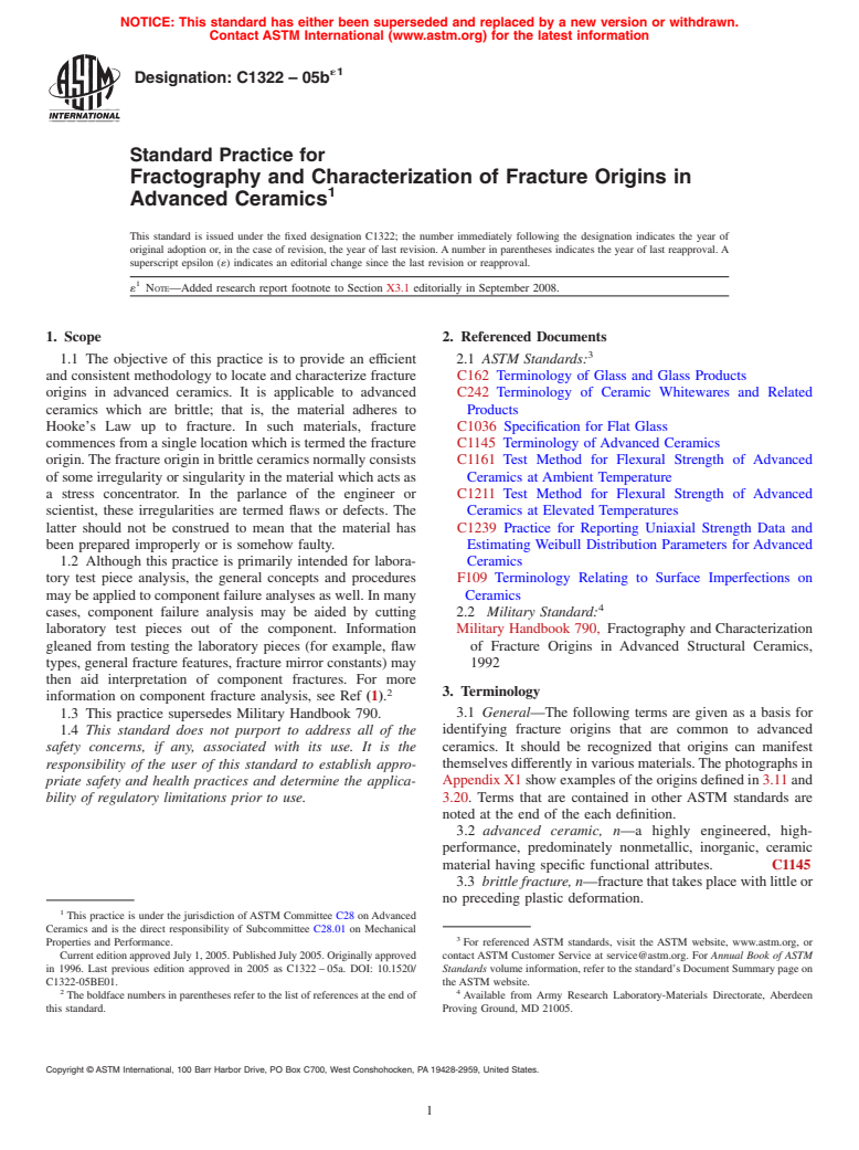 ASTM C1322-05be1 - Standard Practice for Fractography and Characterization of Fracture Origins in Advanced Ceramics