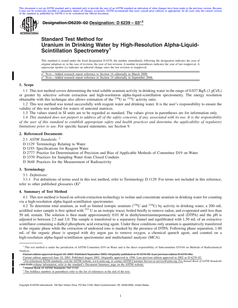 REDLINE ASTM D6239-03e2 - Standard Test Method for Uranium in Drinking Water by High-Resolution Alpha-Liquid-Scintillation Spectrometry