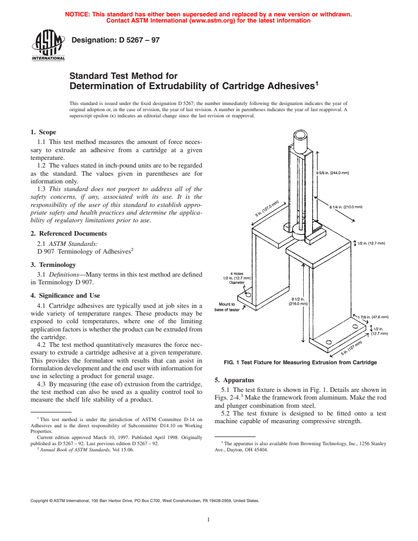 ASTM D5267-97 - Standard Test Method for Determination of Extrudability of Cartridge Adhesives