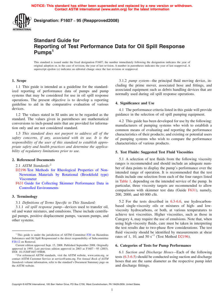 ASTM F1607-95(2008) - Standard Guide for  Reporting of Test Performance Data for Oil Spill Response Pumps
