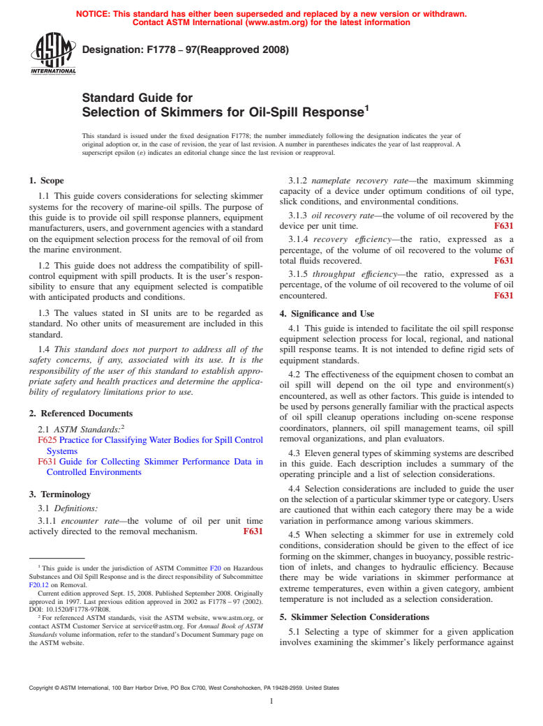 ASTM F1778-97(2008) - Standard Guide for  Selection of Skimmers for Oil-Spill Response