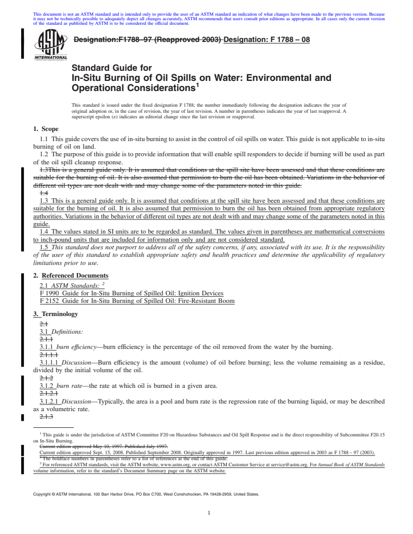 REDLINE ASTM F1788-08 - Standard Guide for  In-Situ Burning of Oil Spills on Water: Environmental and Operational Considerations