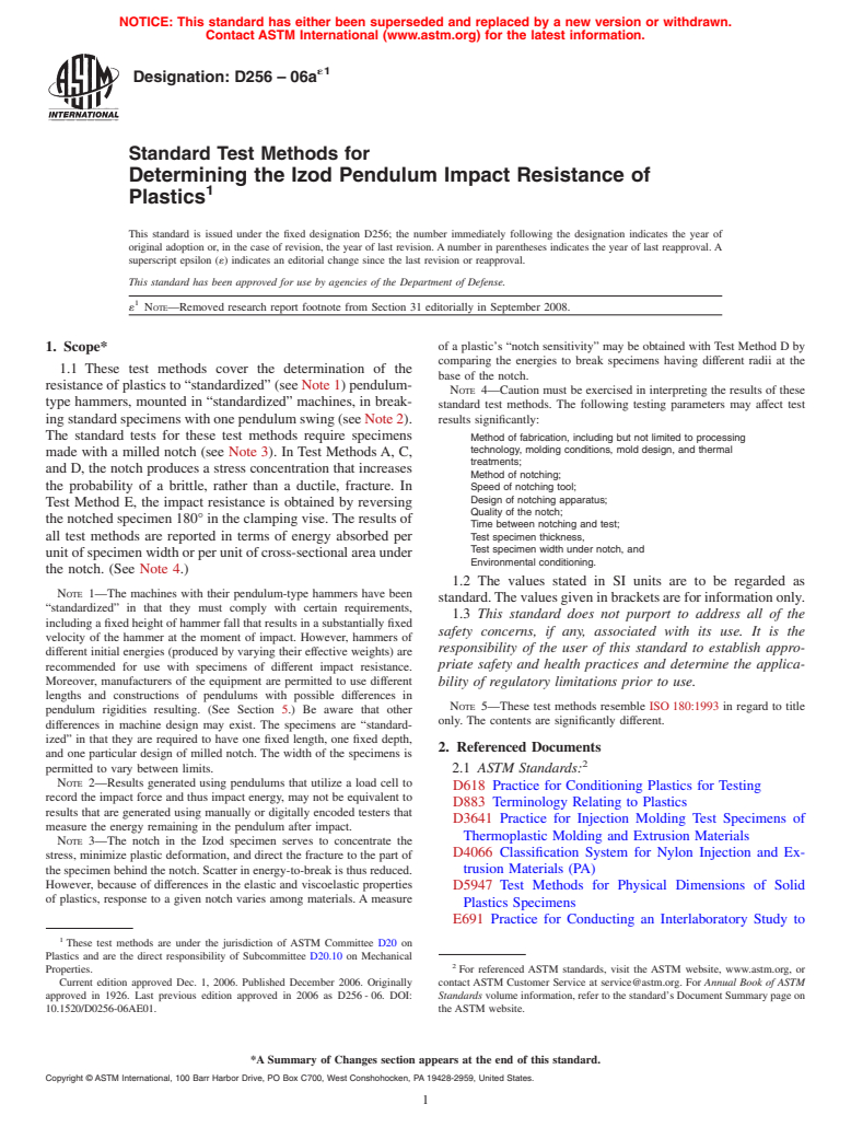 ASTM D256-06ae1 - Standard Test Methods for Determining the Izod Pendulum Impact Resistance of Plastics