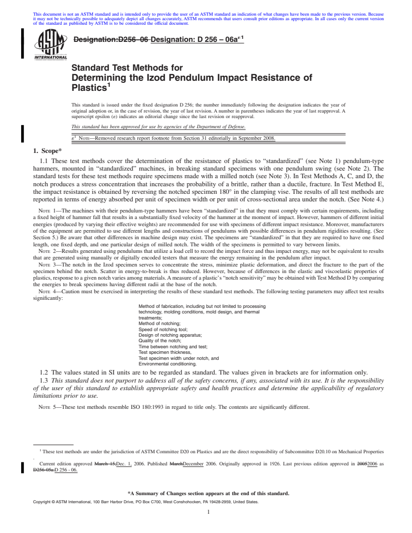 REDLINE ASTM D256-06ae1 - Standard Test Methods for Determining the Izod Pendulum Impact Resistance of Plastics