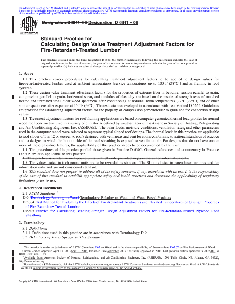 REDLINE ASTM D6841-08 - Standard Practice for Calculating Design Value Treatment Adjustment Factors for Fire-Retardant-Treated Lumber