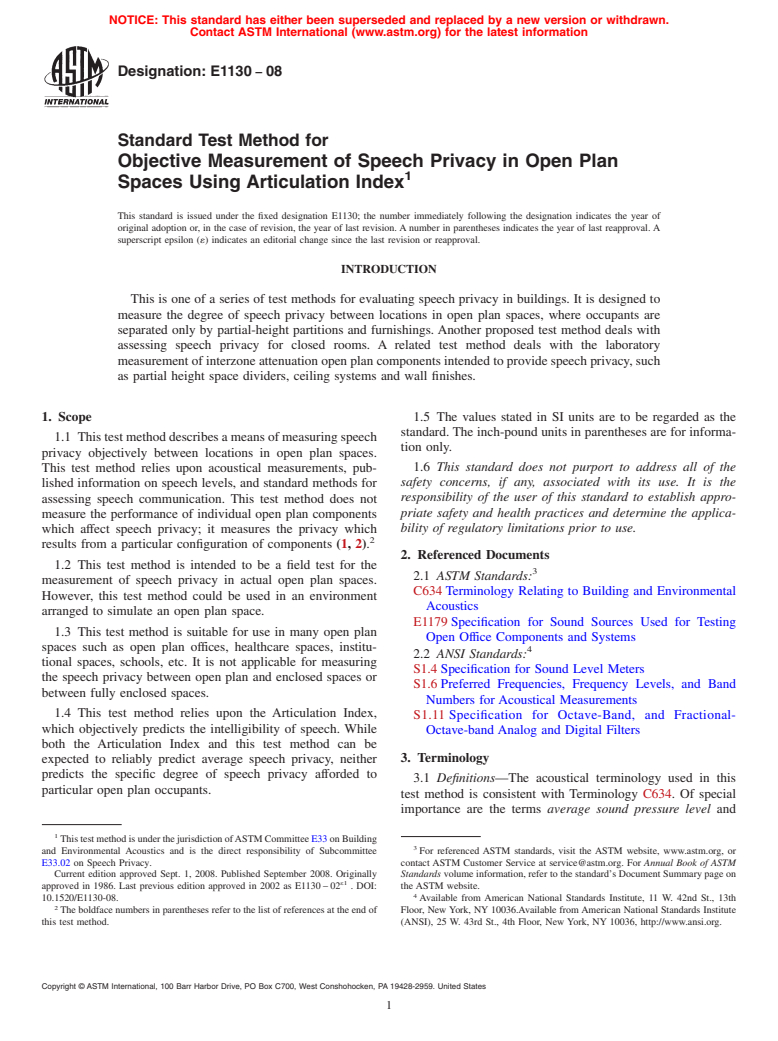 ASTM E1130-08 - Standard Test Method for  Objective Measurement of Speech Privacy in Open Plan Spaces Using Articulation  Index