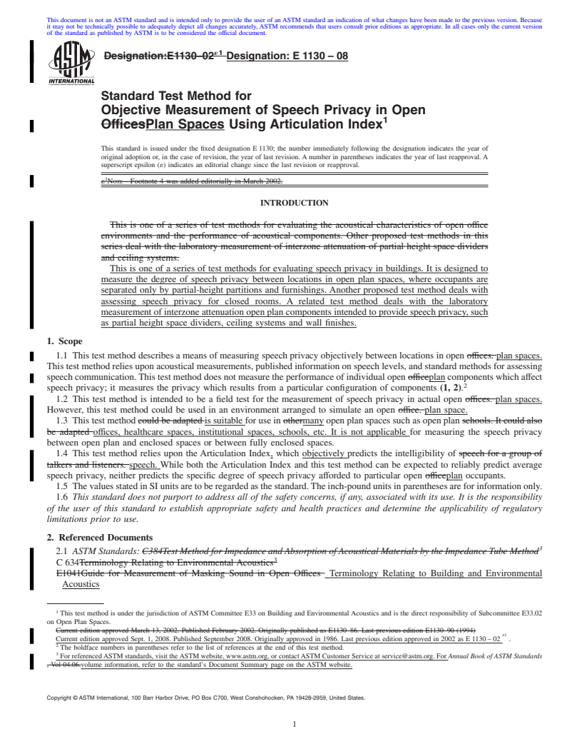 REDLINE ASTM E1130-08 - Standard Test Method for  Objective Measurement of Speech Privacy in Open Plan Spaces Using Articulation  Index