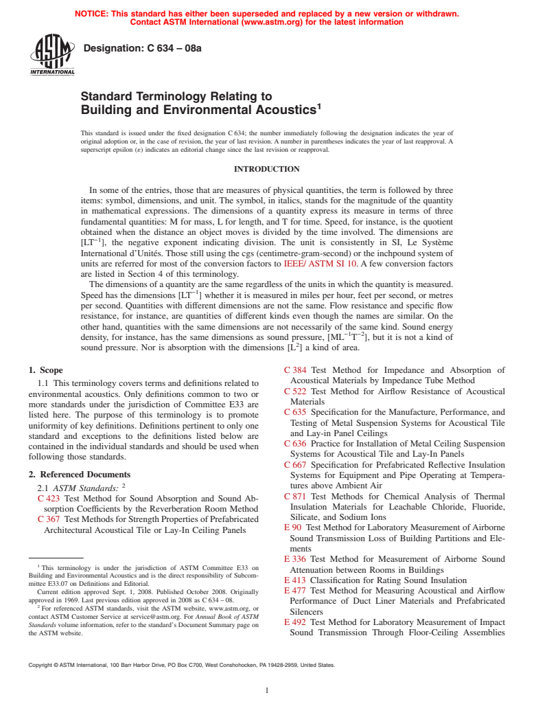 ASTM C634-08a - Standard Terminology Relating to  Building and Environmental Acoustics