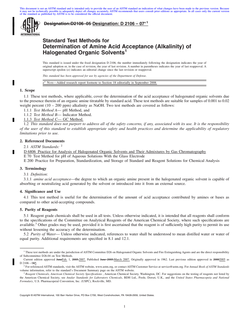 REDLINE ASTM D2106-07e1 - Standard Test Methods for  Determination of Amine Acid Acceptance (Alkalinity) of Halogenated Organic Solvents