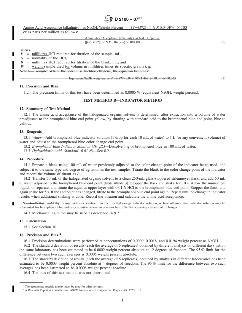 REDLINE ASTM D2106-07e1 - Standard Test Methods for  Determination of Amine Acid Acceptance (Alkalinity) of Halogenated Organic Solvents