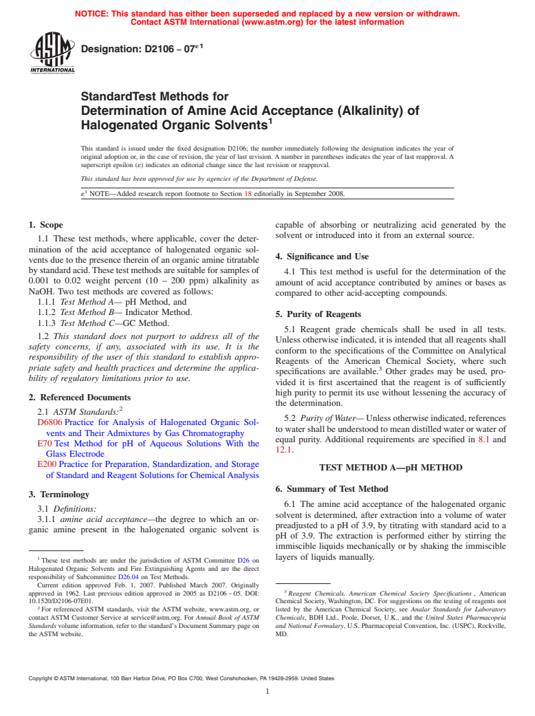 ASTM D2106-07e1 - Standard Test Methods for  Determination of Amine Acid Acceptance (Alkalinity) of Halogenated Organic Solvents