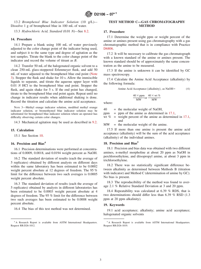 ASTM D2106-07e1 - Standard Test Methods for  Determination of Amine Acid Acceptance (Alkalinity) of Halogenated Organic Solvents