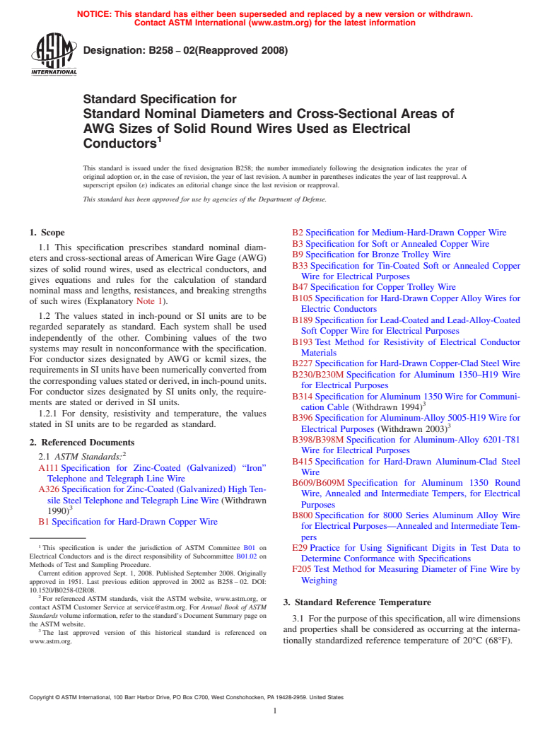 ASTM B258-02(2008) - Standard Specification for  Standard Nominal Diameters and Cross-Sectional Areas of AWG Sizes of Solid Round Wires Used as Electrical Conductors