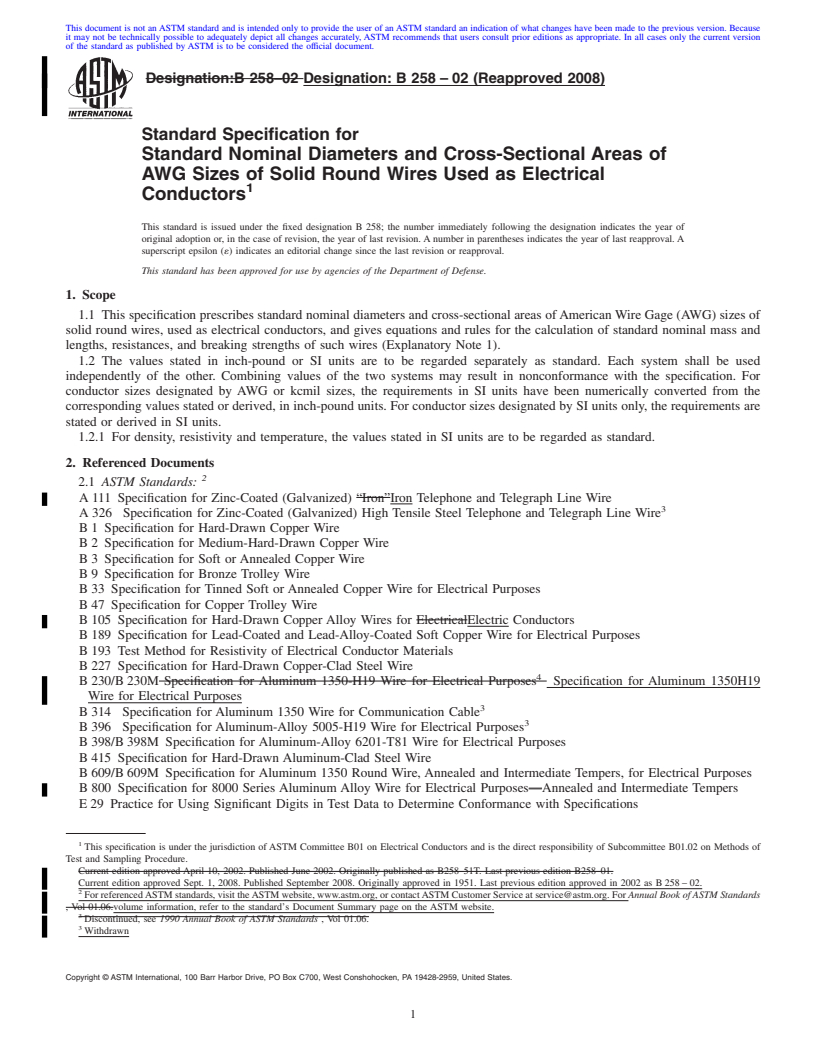 REDLINE ASTM B258-02(2008) - Standard Specification for  Standard Nominal Diameters and Cross-Sectional Areas of AWG Sizes of Solid Round Wires Used as Electrical Conductors