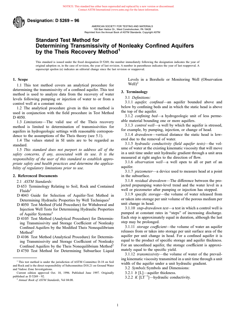 ASTM D5269-96 - Standard Test Method for Determining Transmissivity of Nonleaky Confined Aquifers by the Theis Recovery Method