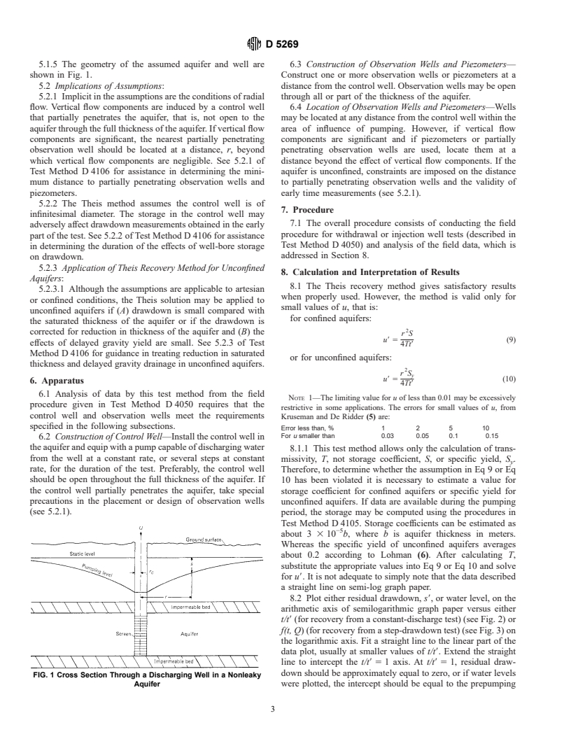 ASTM D5269-96 - Standard Test Method for Determining Transmissivity of Nonleaky Confined Aquifers by the Theis Recovery Method