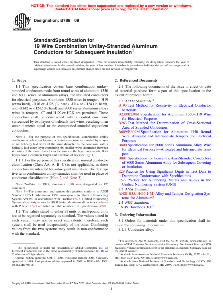 ASTM B786-08 - Standard Specification for 19 Wire Combination Unilay-Stranded Aluminum  Conductors for Subsequent Insulation