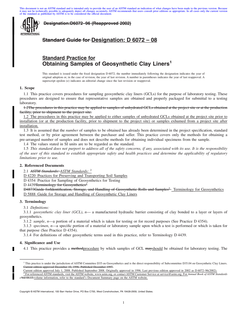 REDLINE ASTM D6072-08 - Standard Practice for Obtaining Samples of Geosynthetic Clay Liners