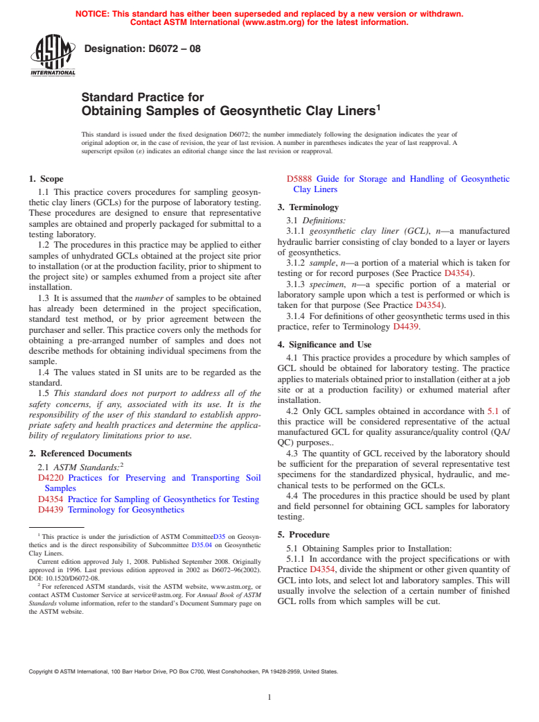 ASTM D6072-08 - Standard Practice for Obtaining Samples of Geosynthetic Clay Liners