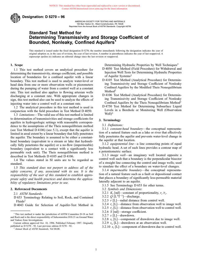 ASTM D5270-96 - Standard Test Method for Determining Transmissivity and Storage Coefficient of Bounded, Nonleaky, Confined Aquifers