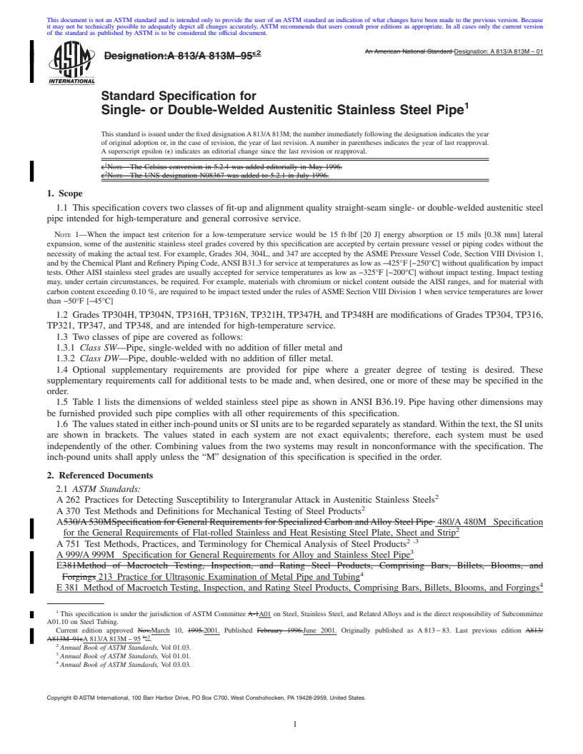 REDLINE ASTM A813/A813M-01 - Standard Specification for Single- or Double-Welded Austenitic Stainless Steel Pipe