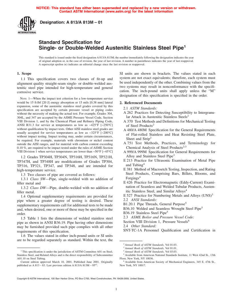 ASTM A813/A813M-01 - Standard Specification for Single- or Double-Welded Austenitic Stainless Steel Pipe