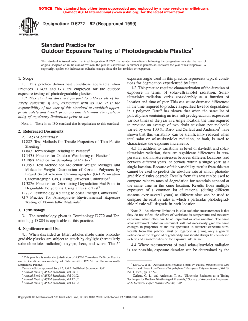 ASTM D5272-92(1999) - Standard Practice for Outdoor Exposure Testing of Photodegradable Plastics