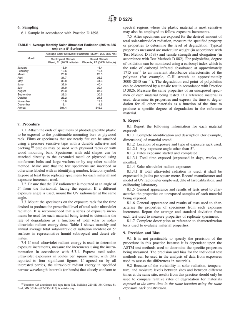 ASTM D5272-92(1999) - Standard Practice for Outdoor Exposure Testing of Photodegradable Plastics